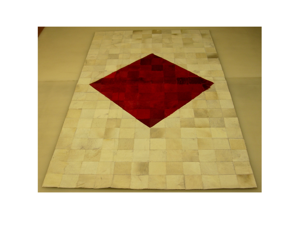 White with Red Diamond Center Hair on Hide Rug